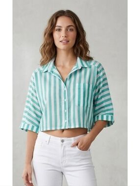 Violet Sky Cropped Button Down Top Green & White Striped Size M